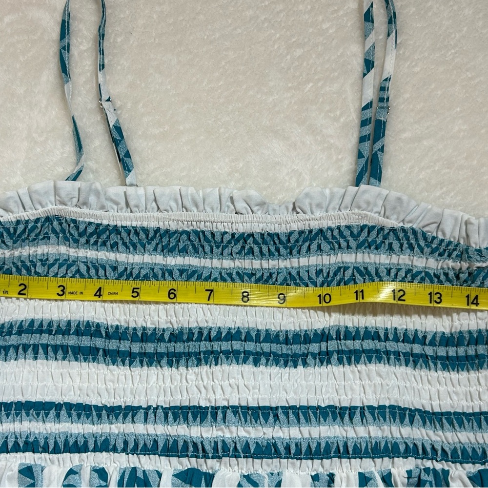 Umgee Teal Blue/White Aztec Print Smocked Bust Tiered Midi Sundress Size Large - Picture 5 of 8